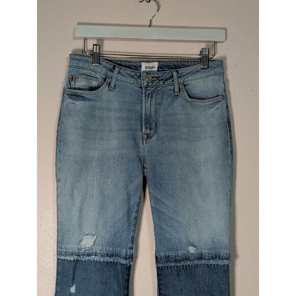 Hudson Womens 27 Light Wash Distressed Patchwork Flare Ultra Soft Jeans Raw Hem - Picture 6 of 16